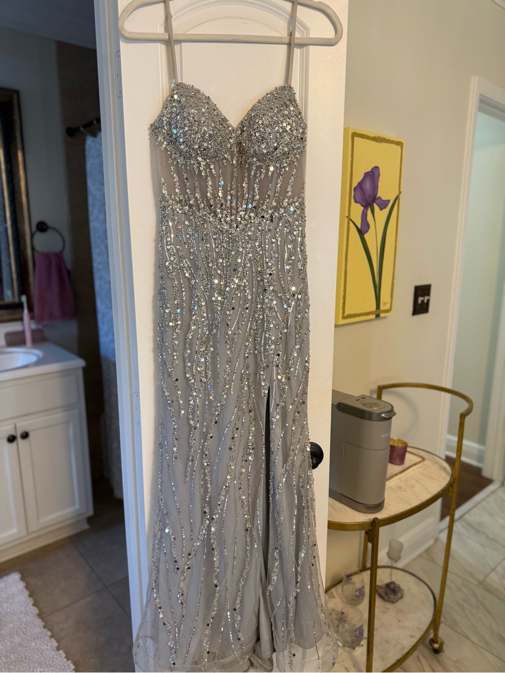 Stacees Silver Sequin Evening Dress with Beaded Detail